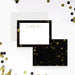 personalized black and gold note card with elegant confetti border, custom name, and blank writing space-front-back