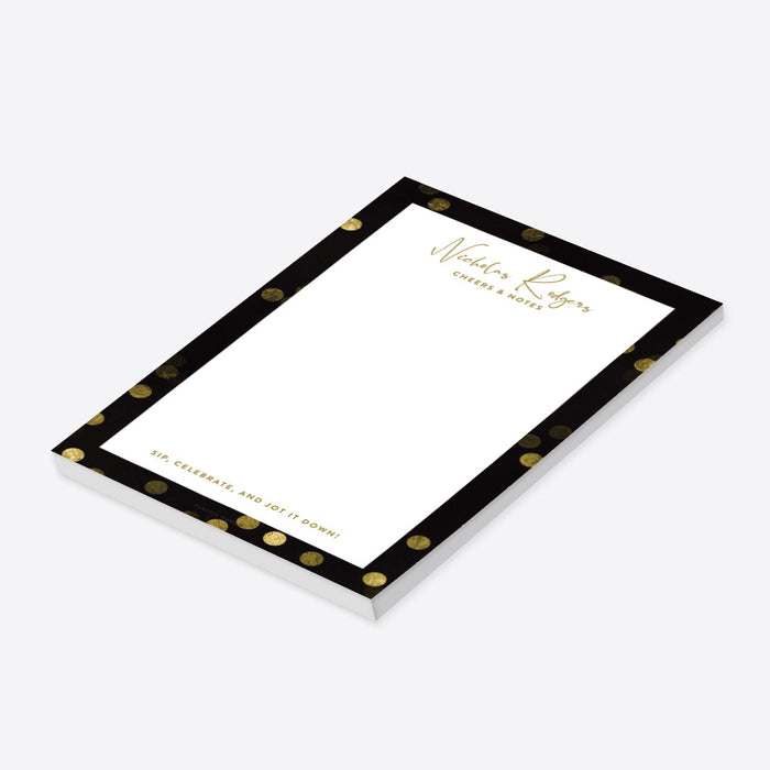 personalized black and gold notepad with elegant confetti border, custom name, and blank writing space-side