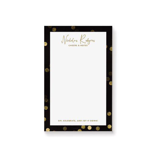 personalized black and gold notepad with elegant confetti border, custom name, and blank writing space