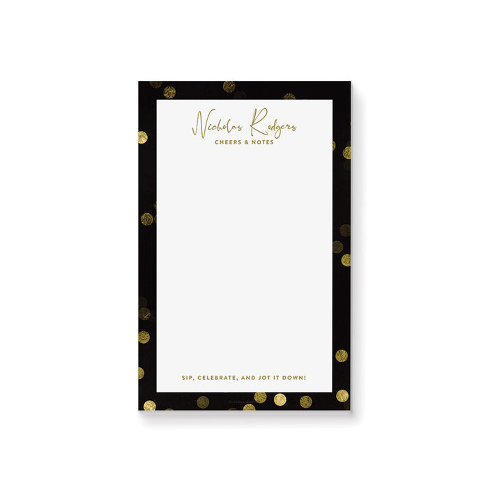personalized black and gold notepad with elegant confetti border, custom name, and blank writing space