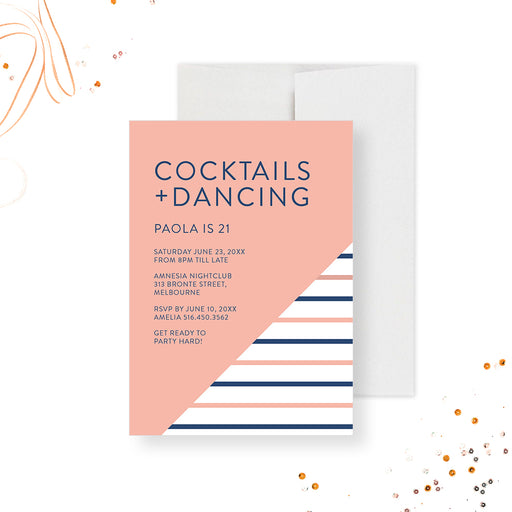 Personalized cocktails and dancing 21st birthday invitation for women with peach background, navy stripes, custom name and party details-front