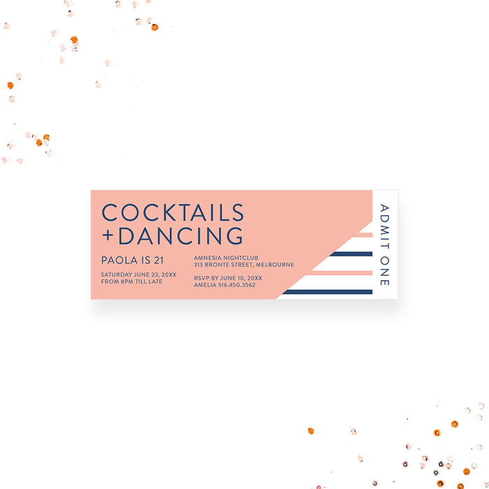 Personalized cocktails and dancing 21st birthday ticket invitation with navy and peach stripes, custom name, party details and vertical Admit One wording