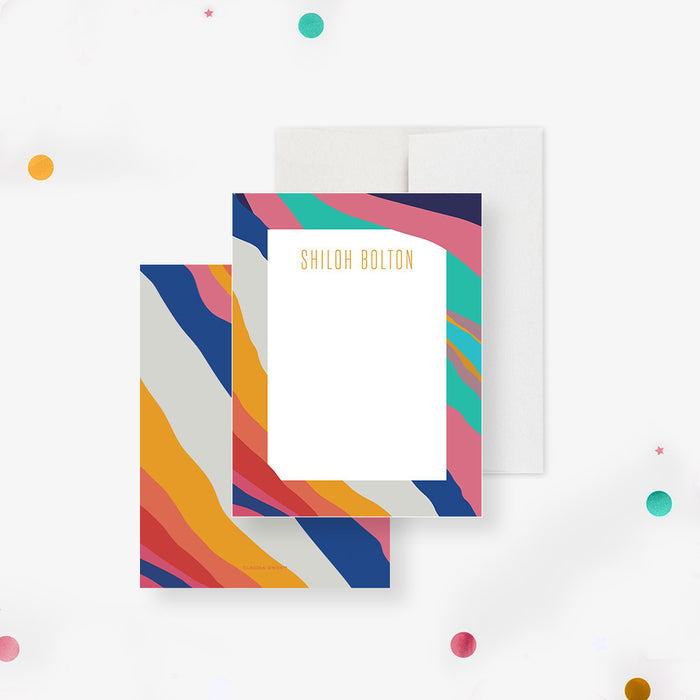 White personalized note card framed with colorful abstract waves, beside a matching pink teal orange and navy patterned back.