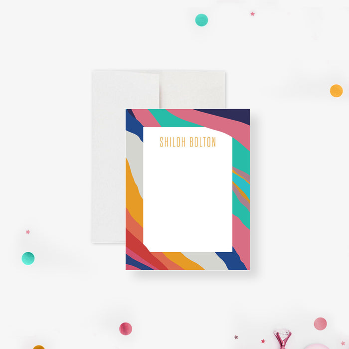 White personalized note card framed with colorful abstract waves, beside a matching pink teal orange and navy patterned back.