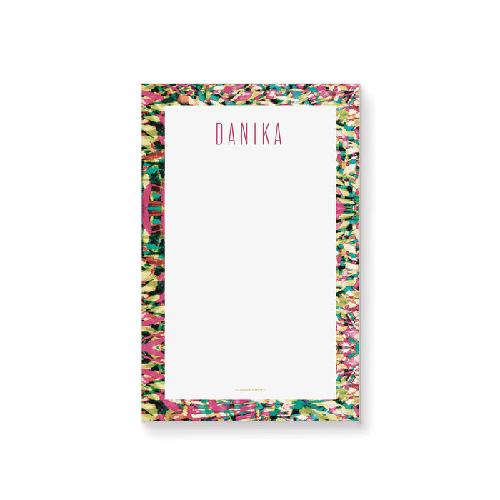 personalized notepad with colorful abstract border, custom name, and clean white writing space