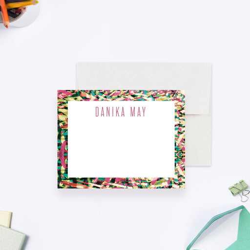 personalized thank you card with colorful abstract border, custom name, and clean white writing space-front