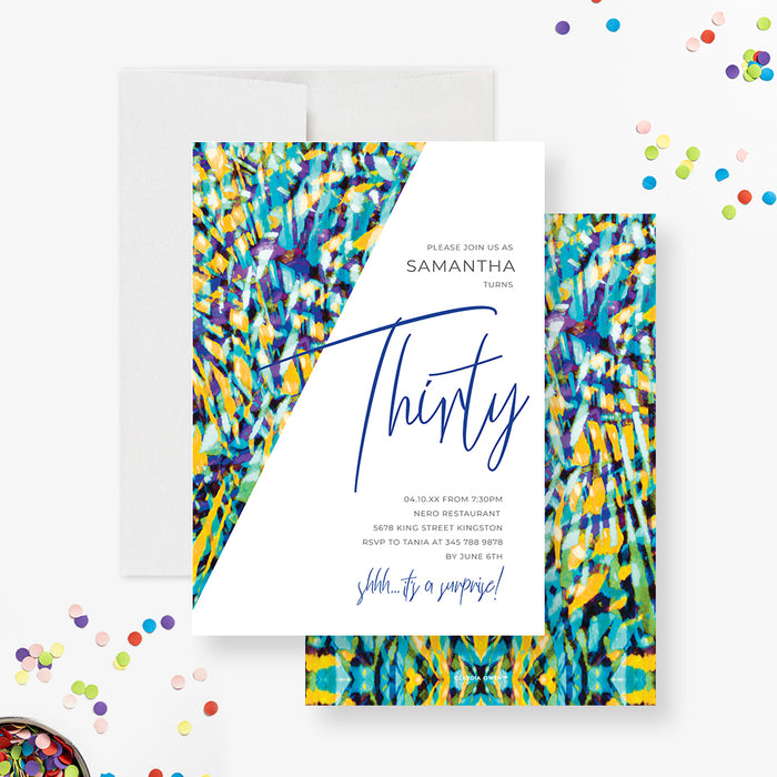 Personalized colorful abstract watercolor 30th birthday invitation for women with custom name, oversized Thirty lettering and party details-front-back