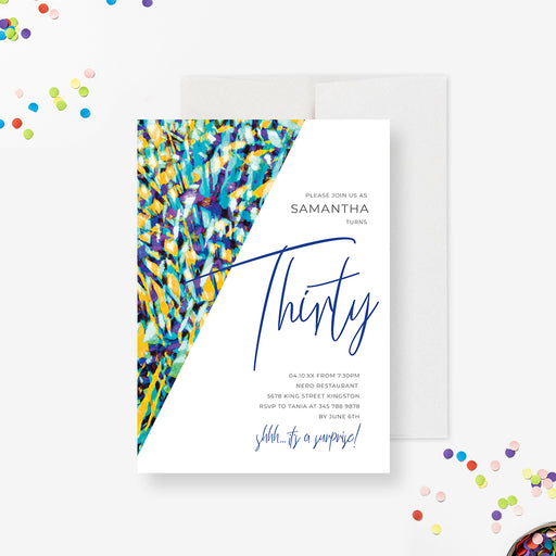 Personalized colorful abstract watercolor 30th birthday invitation for women with custom name, oversized Thirty lettering and party details-front