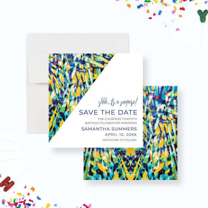 Personalized abstract watercolor 30th birthday save the date card with custom name, party date and invitation to follow wording-front-back