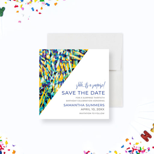 Personalized abstract watercolor 30th birthday save the date card with custom name, party date and invitation to follow wording-front