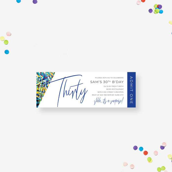 Personalized colorful abstract 30th birthday ticket invitation with custom name, party details and vertical blue Admit One wording