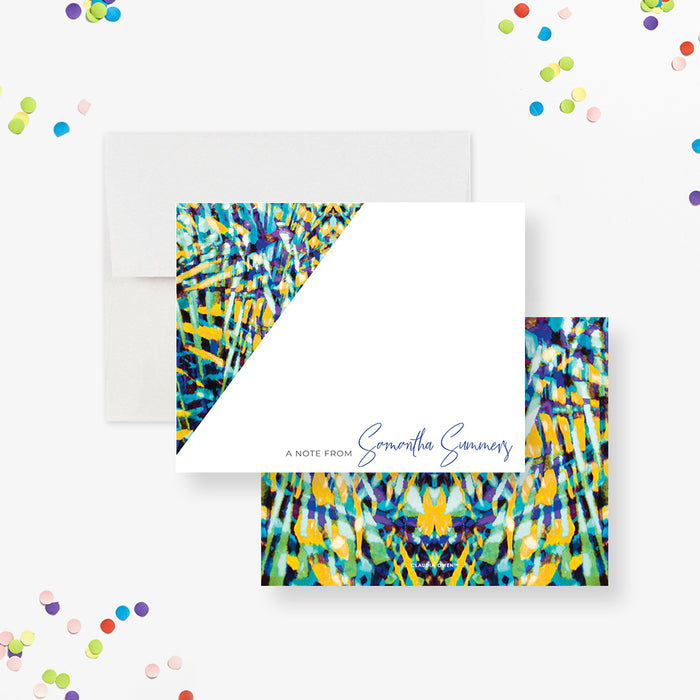 Personalized colorful abstract watercolor note card for women with custom name and blank writing area-front-back