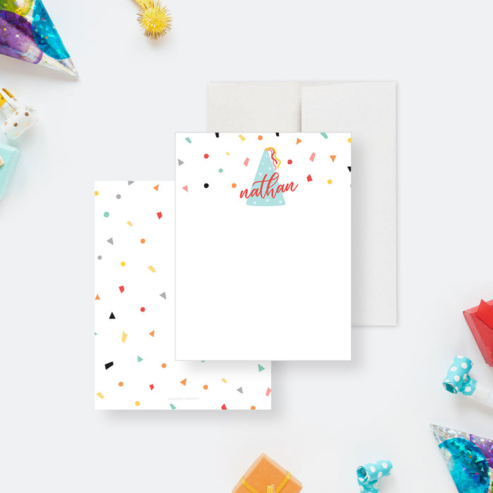 Personalized colorful birthday note card with party hat and confetti-front-back