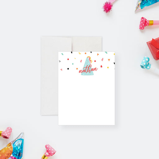 Personalized colorful birthday note card with party hat and confetti-front