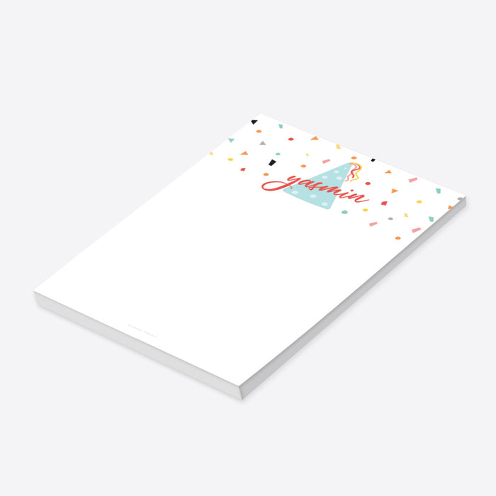 Personalized colorful birthday notepad with party hat and confetti-side