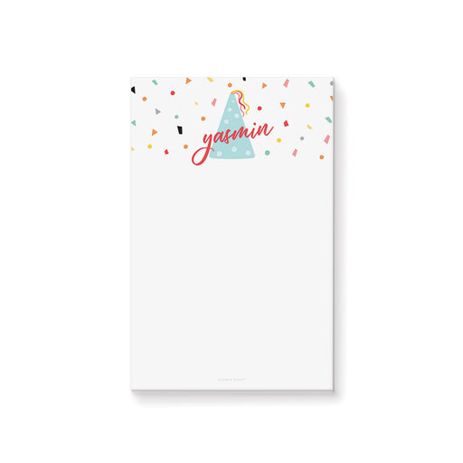 Personalized colorful birthday notepad with party hat and confetti