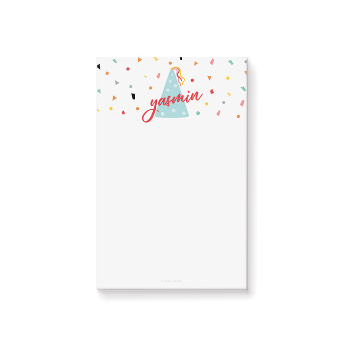 Personalized colorful birthday notepad with party hat and confetti