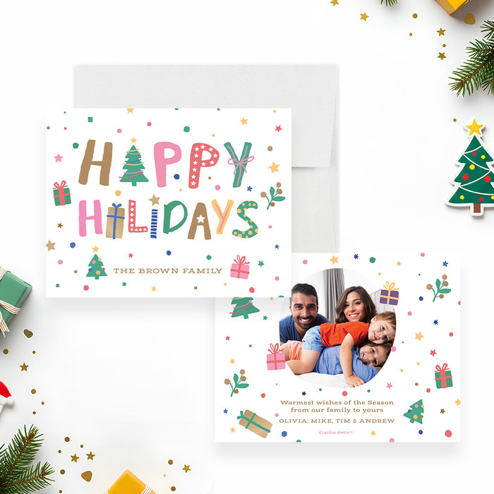 colorful Christmas photo greeting card with Happy Holidays lettering, playful gift and tree illustrations, and custom family photo-front-back
