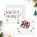 colorful Christmas photo greeting card with Happy Holidays lettering, playful gift and tree illustrations, and custom family photo-front-back