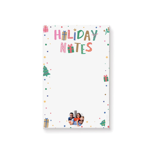 personalized Christmas photo notepad with colorful Holiday Notes lettering, festive gift and tree icons, and custom photo