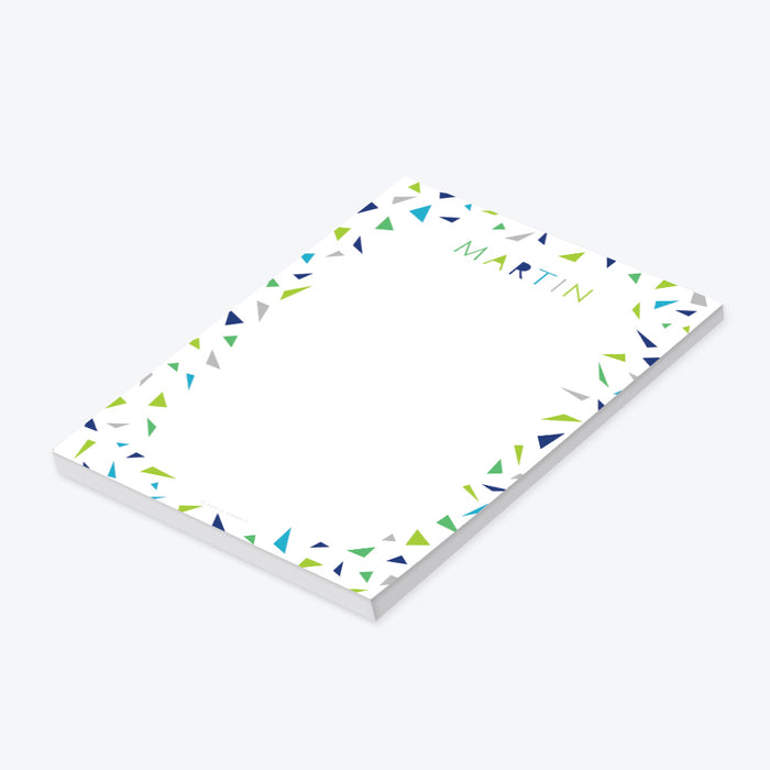 Personalized colorful confetti notepad with name and white writing area-side