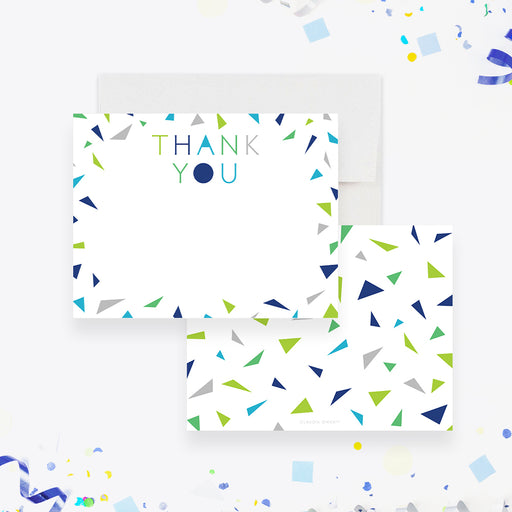 Personalized colorful confetti thank you card with green and blue lettering-front-back