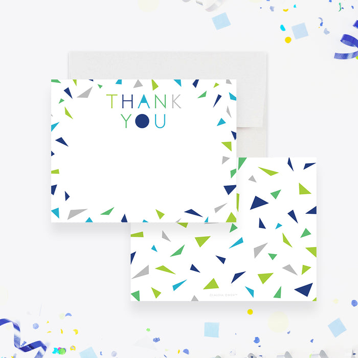 Personalized colorful confetti thank you card with green and blue lettering-front-back
