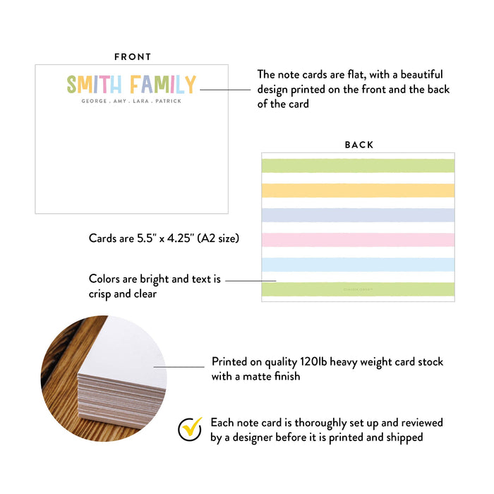 Front and back of personalized colorful family name note cards with A2 size and matte cardstock details.