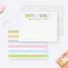 Family note cards with multicolor family name lettering on white and a pastel striped reverse.