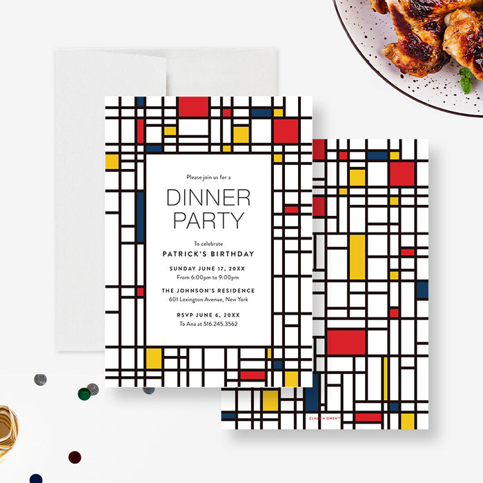 Personalized geometric birthday dinner party invitation with navy, red and yellow color blocks, honoree’s name, date, venue and RSVP details-front-back