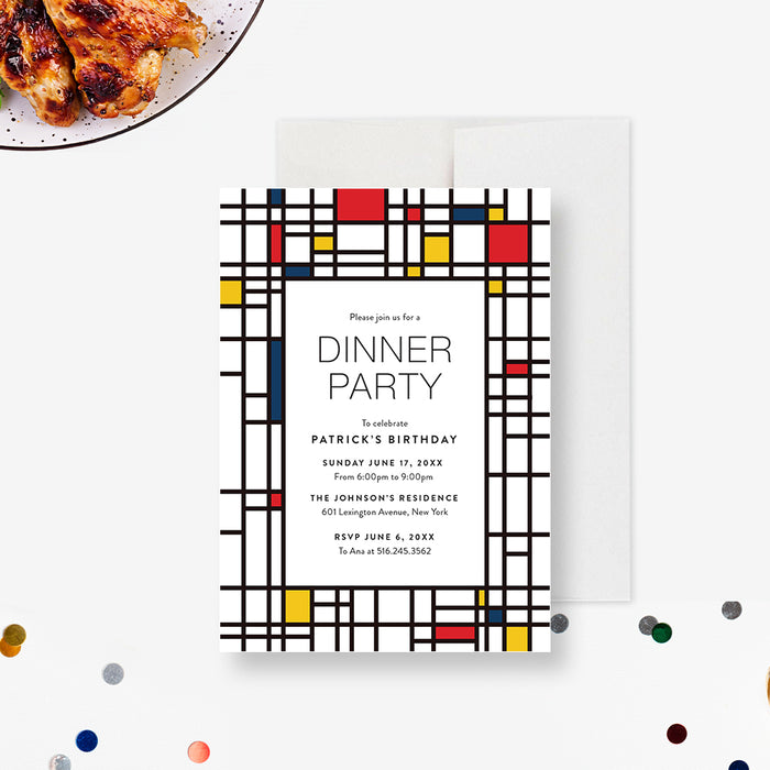 Personalized geometric birthday dinner party invitation with navy, red and yellow color blocks, honoree’s name, date, venue and RSVP details-front