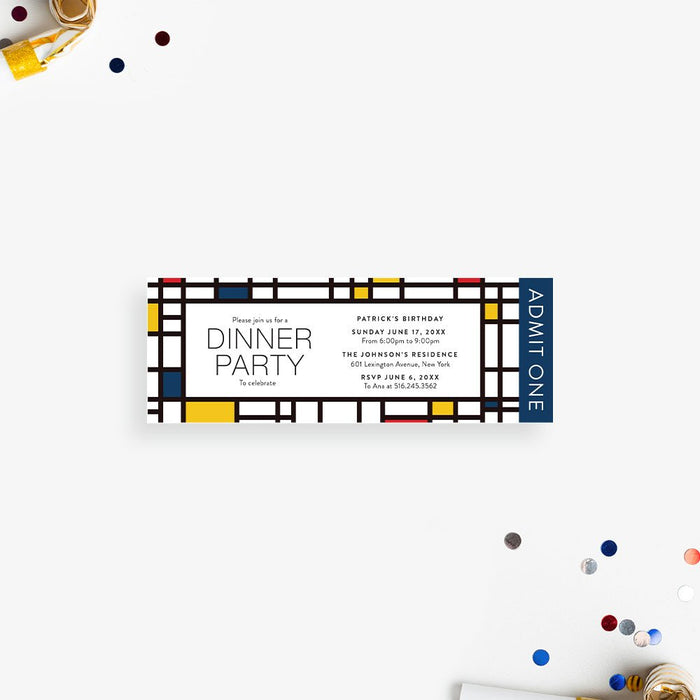 Personalized geometric birthday dinner party ticket invitation with navy, red and yellow color blocks, honoree’s name, event details and Admit One wording
