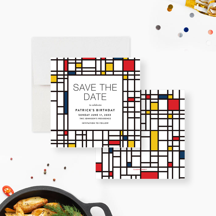 Personalized geometric birthday save the date card with navy, red and yellow color blocks, honoree’s name, date and invitation to follow wording-front-back