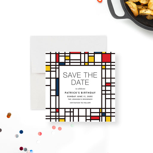 Personalized geometric birthday save the date card with navy, red and yellow color blocks, honoree’s name, date and invitation to follow wording-front