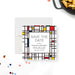 Personalized geometric birthday save the date card with navy, red and yellow color blocks, honoree’s name, date and invitation to follow wording-front