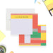 Personalized birthday thank you card with a name, soft lavender writing area, and coral, yellow, blush, gray, and green geometric blocks-front-back