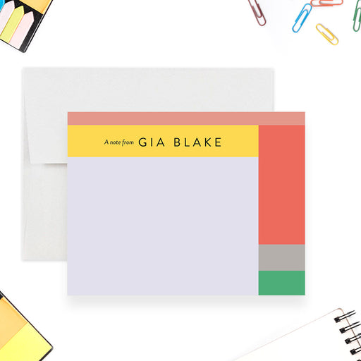 Personalized birthday thank you card with a name, soft lavender writing area, and coral, yellow, blush, gray, and green geometric blocks-front