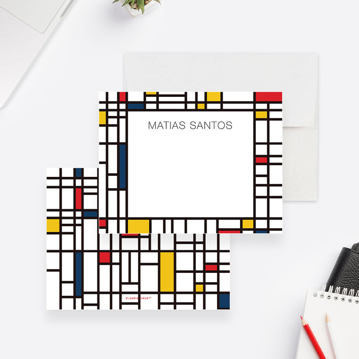 Personalized colorful geometric note card for men with custom name, navy, red and yellow grid border and blank writing area-front-back