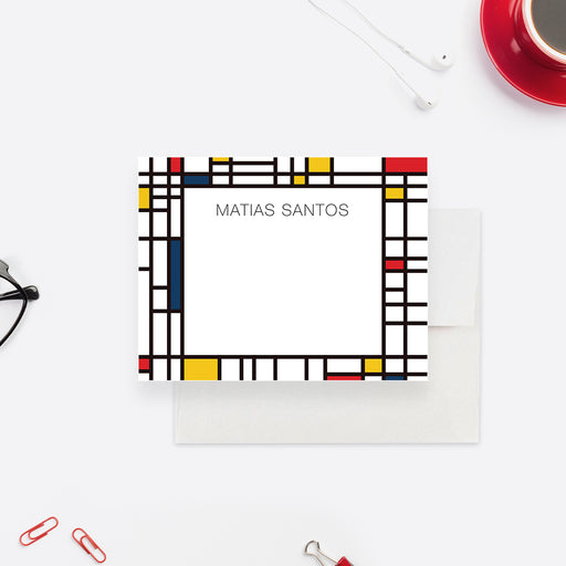 Personalized colorful geometric note card for men with custom name, navy, red and yellow grid border and blank writing area-front