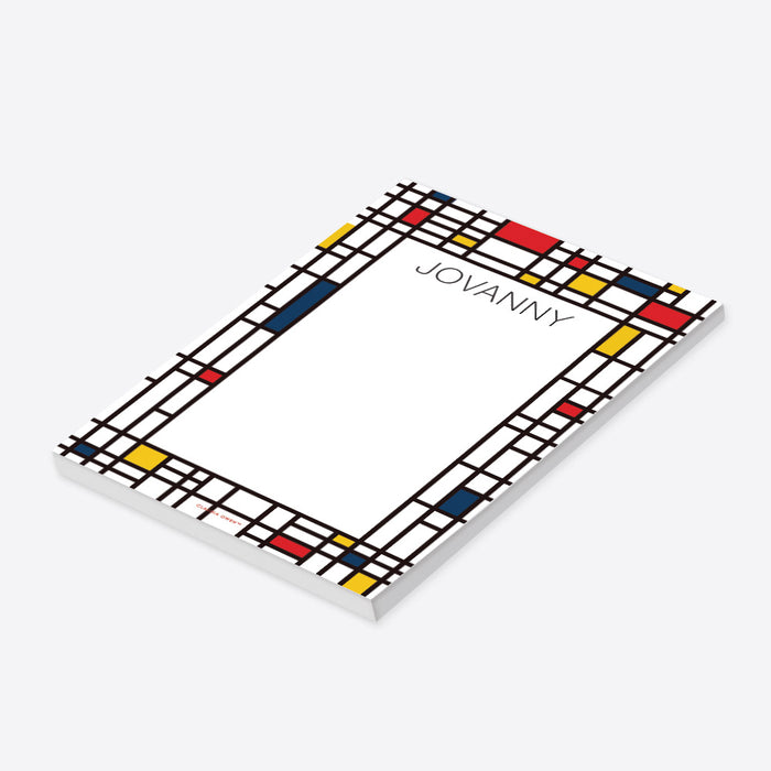 Personalized colorful geometric notepad for men with custom name, navy, red and yellow grid border and spacious blank writing area-side