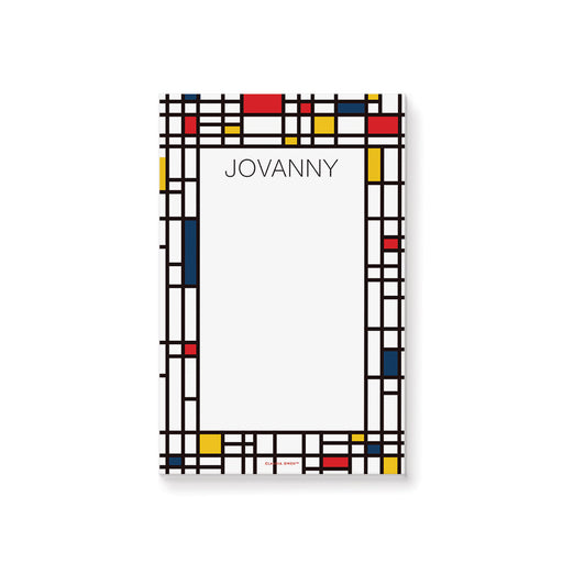 Personalized colorful geometric notepad for men with custom name, navy, red and yellow grid border and spacious blank writing area