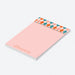 Personalized colorful geometric notepad with custom name, blush pink, teal, coral, orange pattern, and blank writing area-side