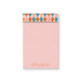 Personalized colorful geometric notepad with custom name, blush pink, teal, coral, orange pattern, and blank writing area