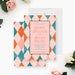 Personalized colorful wedding invitation with modern retro geometric pattern, couple’s names, wedding date, venue, reception details, and dress code-front-back