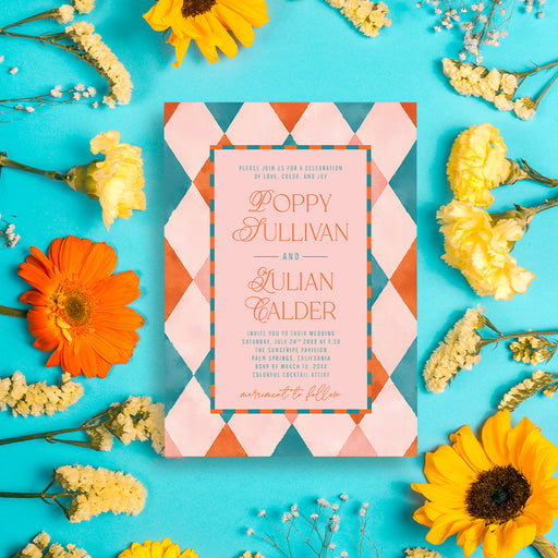 Personalized colorful wedding invitation with modern retro geometric pattern, couple’s names, wedding date, venue, reception details, and dress code-front