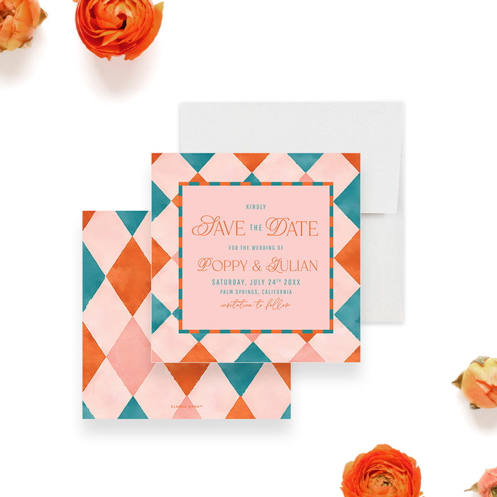 Personalized colorful wedding save the date card with modern retro geometric pattern, couple’s names, wedding date, location and invitation to follow wording-front-back