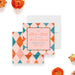 Personalized colorful wedding save the date card with modern retro geometric pattern, couple’s names, wedding date, location and invitation to follow wording-front-back