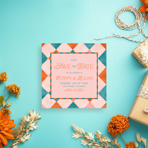 Personalized colorful wedding save the date card with modern retro geometric pattern, couple’s names, wedding date, location and invitation to follow wording-front