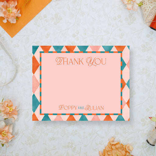 Personalized colorful geometric wedding thank you card with blush pink background, couple names, and space for handwritten message-front
