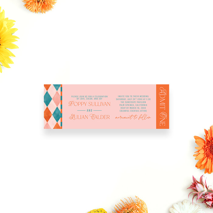 Personalized colorful geometric wedding ticket invitation with blush pink, teal, coral and orange pattern, couple’s names, wedding date, venue details and Admit One panel